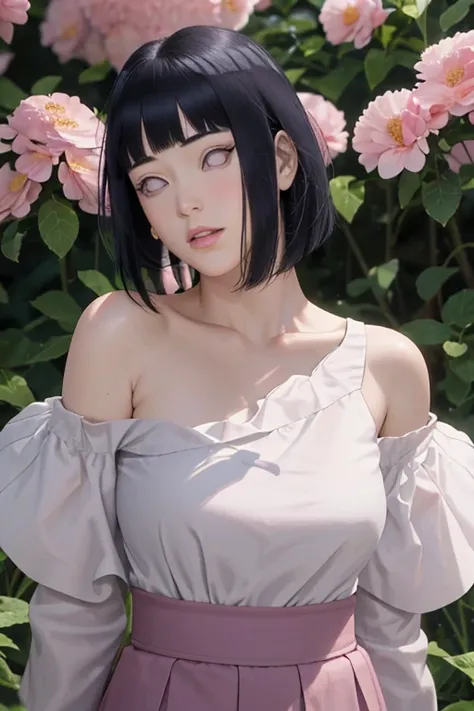 masterpiece, absurdres, hinata\(boruto\), 1girl, solo,mature female, off-shoulder bra, high waist short skirt, looking at viewer, (falling petals), perfect composition, detailed lips, big breast, beautiful face, body propotion, blush, (pink lips), long hai...