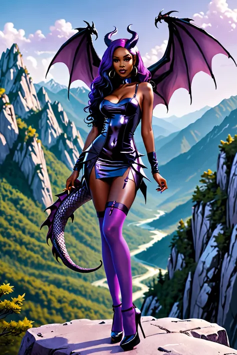 Beautiful black art girl with big dragon wings slim big breasts long purple hair long legs purple stockings stands in purple high-heeled shoes in the mountains 