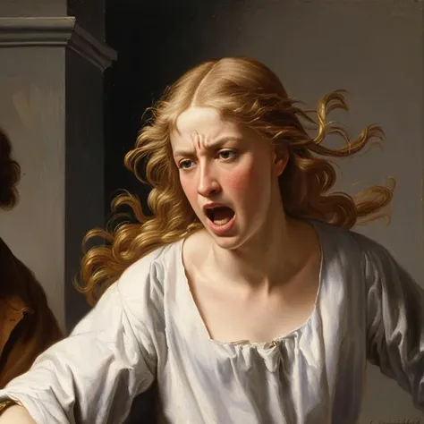  woman mugged with a knife and a man with a knife in a painting,  hyper realism Renaissance art ,  by Christoffer Wilhelm Eckersberg , inspired  by Christoffer Wilhelm Eckersberg ,  portraits of an angry woman , Gerard Van Honthorst, ary scheffer,  realist...