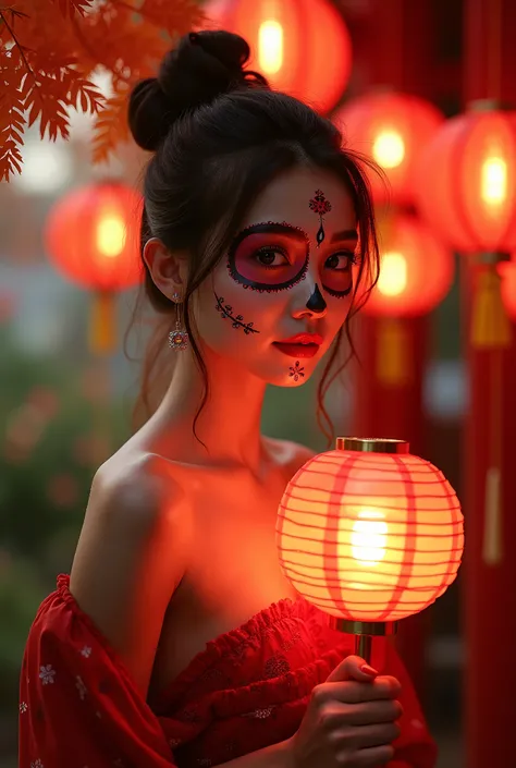 Hyper-artistic full-body backlight photography of a smiling young japanese woman with sugar skull face paint, brunette hair with bun hairstyle, topless showing her small breast with pink nipples She is elegantly holding a glowing red lantern, standing amid...