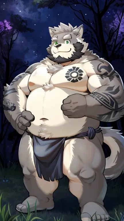 1 man,  gray-haired , furry cat,  black wool,  green eyes,  a very hairy body, beard, night forest, Big bulge, loincloth, Tattoos,  thick body, long cat tail.