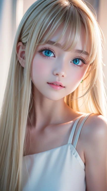 True Photo Quality、 Extraordinary Beauty、 Beautiful calm and bright expression 、A refreshing look、 perfect beautiful innocent first 々Very cute young face 、目と目の間のbangs、very beautiful super long bright blond super long straight silky hair 、美しい顔にかかるbangs、 Ext...