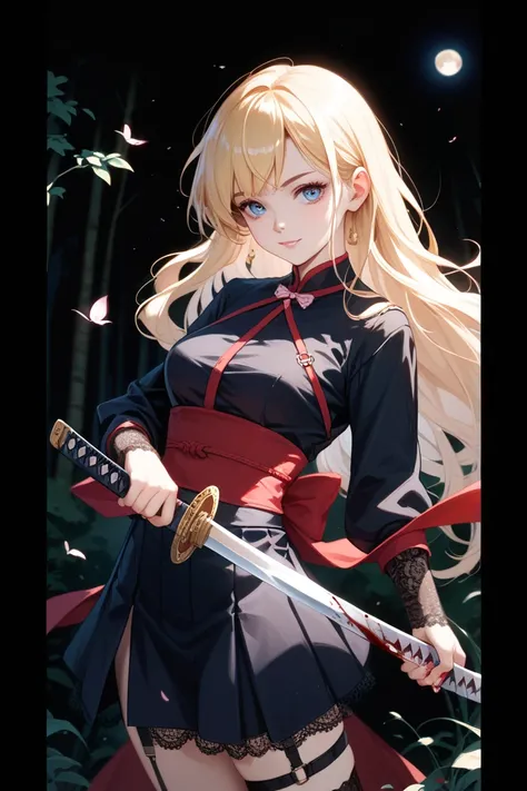 girl (With long golden hair that is soft like silk),(Long hair left casually up to the waist),(Eyes in blue),( is black lace socks over the knee with waist straps),A short skirt that reaches the thigh,A slender katana sword ,Sheath ,(A forest with a bloody...