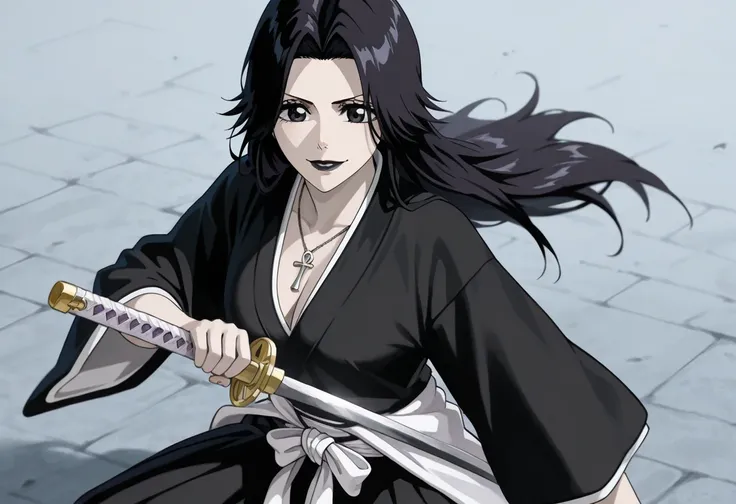 rangiku next to a woman with very white, pale skin, short and messy black hair, happy, wearing an ankh necklace, black eyes and lips, black lipstick, wearing a black kimono and a white belt around her waist, holding a katana, bleach anime style