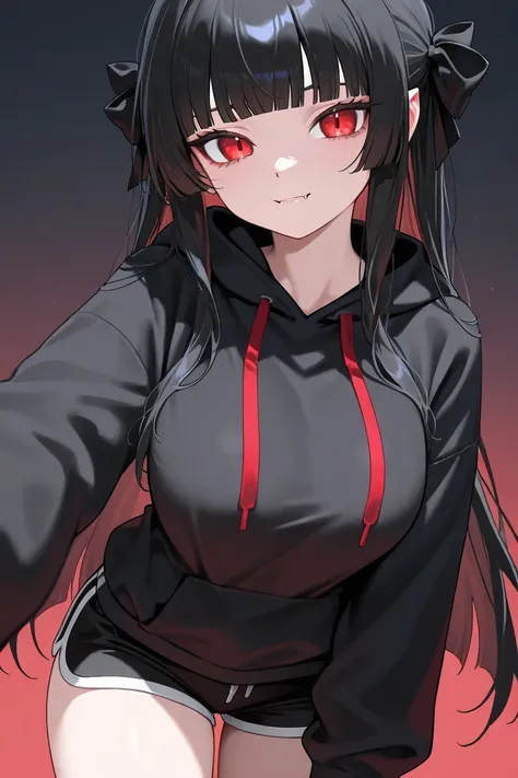 1girl, solo, long hair, bangs, black hair, blunt bangs, closed mouth, red eyes, black bow, medium-sized breast, vampire fangs, black hoodie, black short shorts 