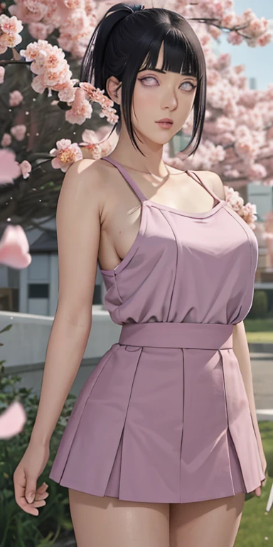 masterpiece, absurdres, hinata\(boruto\), 1girl, solo,mature female, spaghetti strap top, high waist mini skirt, looking at viewer, (falling petals), perfect composition, detailed lips, big breast, beautiful face, body propotion, blush, (pink lips), ponyta...