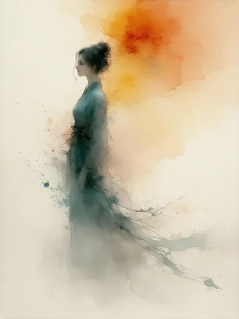 Sketch with ink technique   , of woman,    technique applying soft and blurred lines  ,   using gradients and thick lines , beige sketch  , Turquesa, gray, orange, yellow. red.