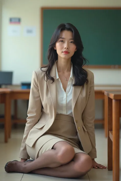 masterpiece, 8k, Photorealistic, beautiful Japanese mature woman, (40 years old:1.7), beautiful office worker, detailed face, beige business suits, pencil skirt, pantyhose, sitting on the floor, class room