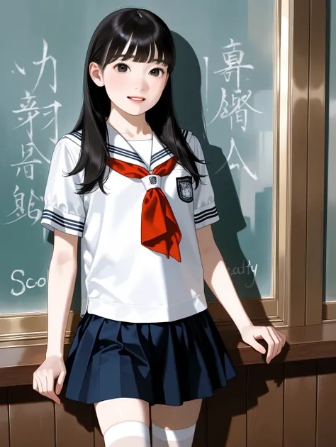 girl,semi realistic,black hair,cool beauty,elementary school,miniskirt,thighhighs