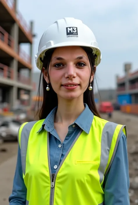 regenerate the photo as the girl wearing a civil engineering white hard hat mode m3 g3000 and yellow reflector and earrings