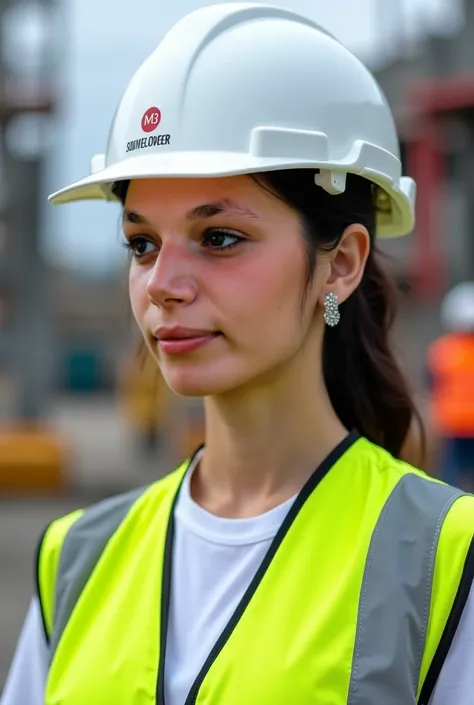 regenerate the photo as the girl wearing a civil engineering white hard hat mode m3 g3000 and yellow reflector and earrings