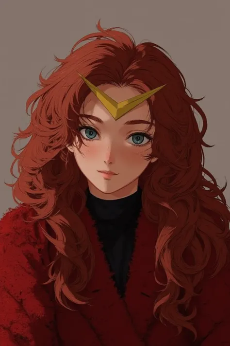 non-binary,  dark red long curly hair, Hair turned to the right, Blue eyes, Freckles around the eyes, A fluffy red coat over a black sweater, A two-pronged long yellow v-shaped blade antenna on the forehead