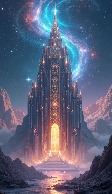 exterior of a cosmic temple, with a cosmic sky.