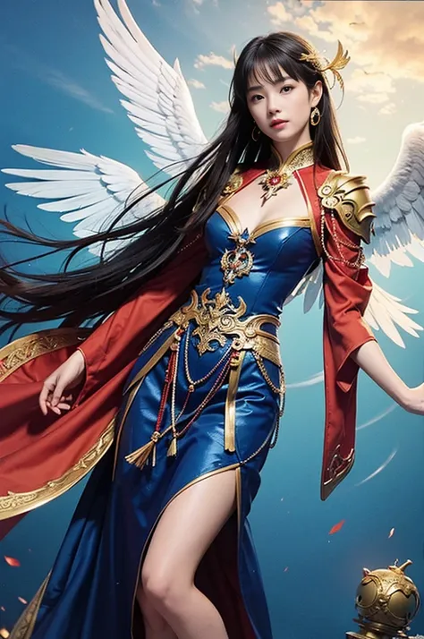 (masterpiece, highest quality, Realistic photos), ((Angel floating in the air;1.4)), A very cute Japanese woman, A complex copper and brass mechanical armor with a Hawk and eagle motif., Beautiful big angel wings, (The wings are symmetrically paired;1.5), ...