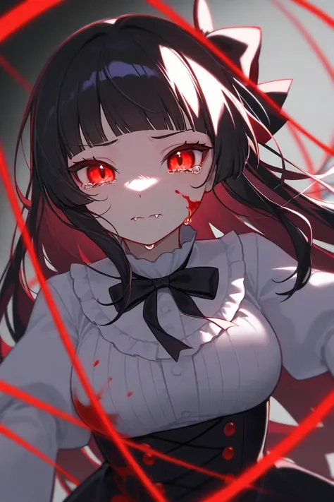 1girl, solo, long hair, bangs, black hair, blunt bangs, closed mouth, red eyes, black bow, medium-sized breast, vampire fangs, strings of fate, bloody pubble, tears, glowing red eyes, bloody clothes blood on face 