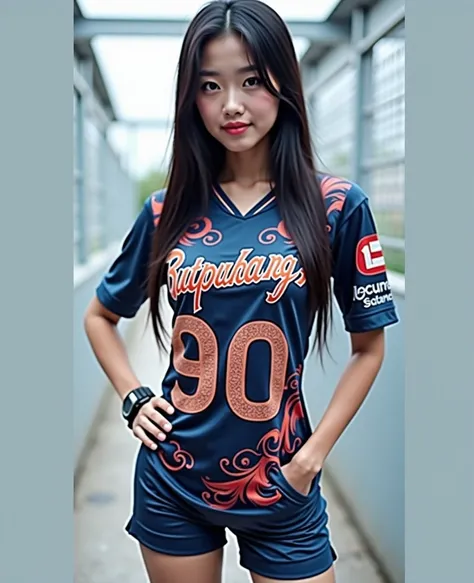  Best mobile phone wallpaper Award-winning wallpaper portrait photography Front view is portrait, whole photo ,  Southwest Asian girl with round face ,Age 25 years,  Bright Dark Blue Graphic Print White Football Sports Shirt, "Butaphuang 90s," , Wear expen...