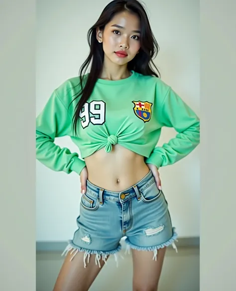  Best mobile phone wallpaper Award-winning wallpaper portrait photography Front view is portrait, whole photo ,  Southwest Asian girl with round face ,Age 25 years,  Bright Dark Blue Graphic Print White Football Sports Shirt, "Butaphuang 90s," , Wear expen...