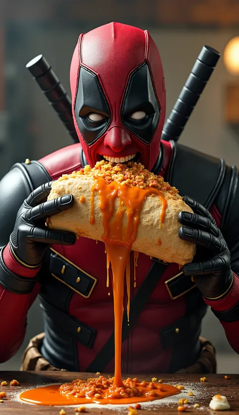 Deadpool eating

1 .  Eating a giant burrito with dripping sauce:
