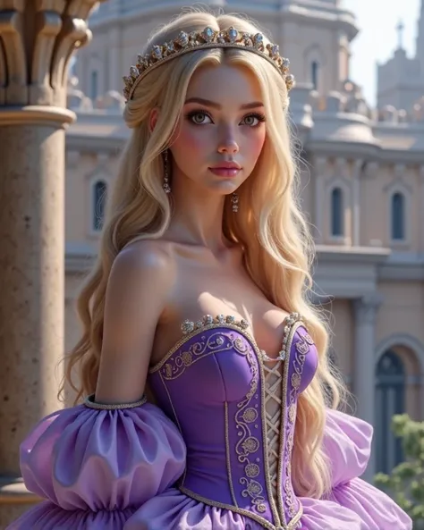 Chica 
Long blonde hair 
Brown eyes
Very white skin 
Dressed as a princess 
Highly decorated purple dress 
Thickened lashes 
Delicate factions 
In the background a castle 