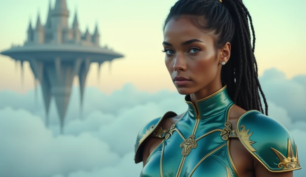 Young woman, light-skinned, likely late s or early twenties, with styled dreadlocks braided into a high ponytail.  Intensely focused gaze.  She wears a teal, metallic, armored top, reminiscent of fantasy or sci-fi attire, featuring intricate details and go...