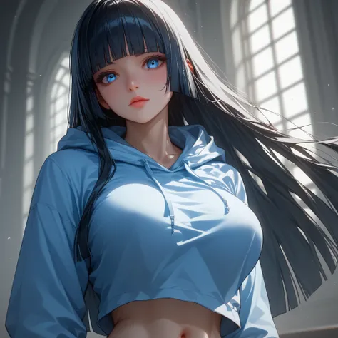 (( black hair))、(Light blue inner hair ),  best quality、 (  professional lighting without shadows  )、  surreal, (Nipples:0.4),  is fascinating、 figure like a slender supermodel、 one girl ,, ( big breasts, Belly button exposed), ( flat at honny,  beautiful ...