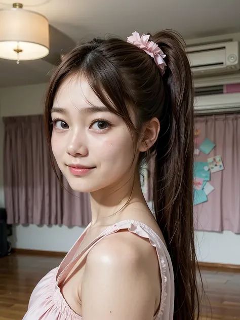 A 16-year-old Asian girl wearing a pink princess dress in a pink room, smiling, hair gathered in a ponytail, with ribbons on her hair, red cheeks, bangs, big breasts, perfect profile picture, beautiful mouth, black eyes, black hair, masterpiece 8k UHD, glo...