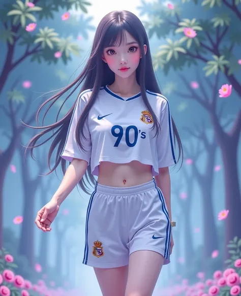  Best mobile phone wallpaper Award-winning wallpaper portrait photography Front view is portrait, whole photo ,  Southwest Asian girl with round face ,Age 25 years,  Bright Dark Blue Graphic Print White Football Sports Shirt, "Butaphuang 90s," , Wear expen...