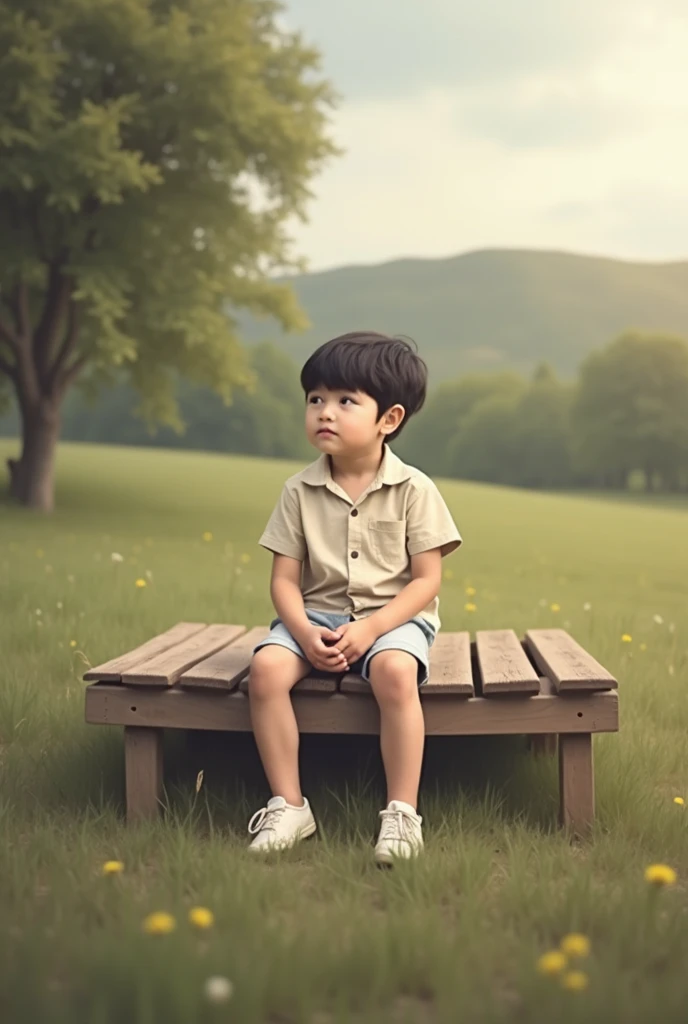 there is a young boy sitting on a wooden bench in a field, a picture by Manjit Bawa, shutterstock, visual art, casual photography, boy, portrait image, outdoor fine photography, young boy, photo taken with sony a7r, candid photography, full body photogenic...