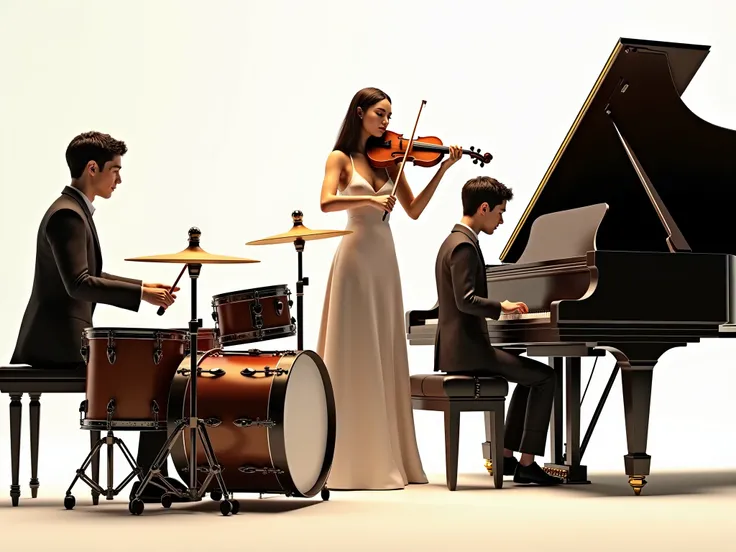 ultra realistic image of an orchestra with a drummer, a pianist and a violinist. white or light image background 