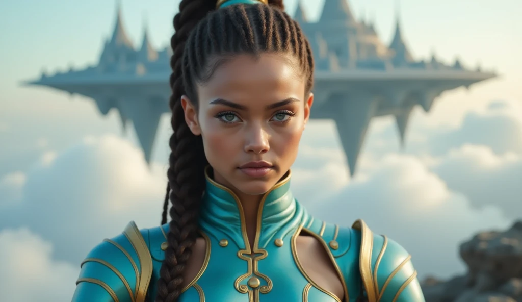 Young woman, light-skinned, likely late teens or early twenties, with styled dreadlocks braided into a high ponytail.  Intensely focused gaze.  She wears a teal, metallic, armored top, reminiscent of fantasy or sci-fi attire, featuring intricate details an...