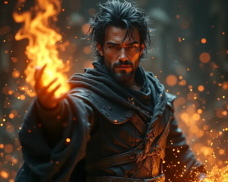 Warlock, tall, average athletic body, messy short black grey hair, inteligent and serious brown eyes, lovely masculine and determined face, black grey facial hair, black clothes, cca 45 years old, using fire magic, High Resolution, Masterpiece, Anatomicall...