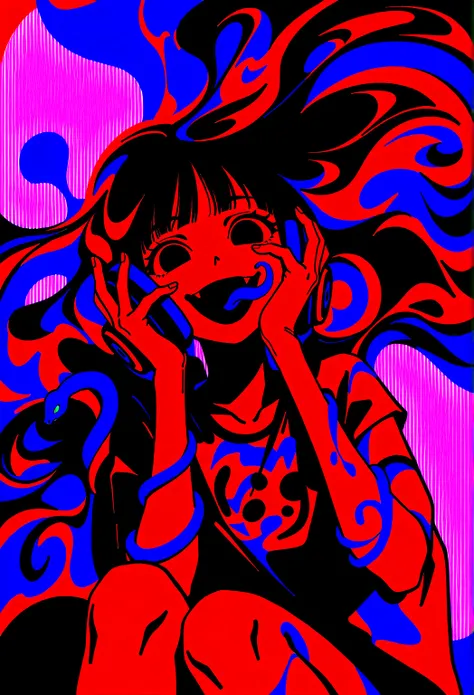 (masterpiece, best quality:1.2), 1 girl, unique, DonMM3l4nch0l1cP5ych0XL, colourful, pink, blue, black, red, trippy, snake eyes, psychotic, psychedelic, losing my mind, street wear, ripped print shirt, headphones around neck, no face, low angle, hands on c...