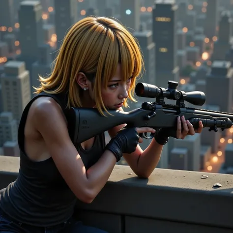 1 girl having a shootout, sniper ライフル、 sniper 、  special forces  、 matte brown skin ,  small breasts, yellow hair,  top quality ,   textured skin,  thin legs  、  movie light effect , Summit、 Big City Night View 