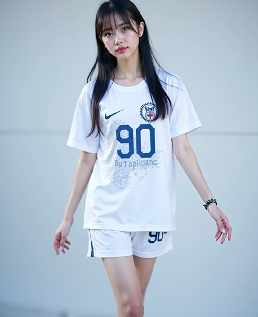  Best mobile phone wallpaper Award-winning wallpaper portrait photography Front view is portrait, whole photo ,  Southwest Asian girl with round face ,Age 25 years,  Bright Dark Blue Graphic Print White Football Sports Shirt, "Butaphuang 90s," , Wear expen...