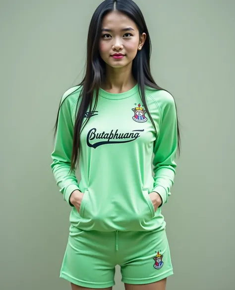  Best mobile phone wallpaper Award-winning wallpaper portrait photography Front view is portrait, whole photo ,  Southwest Asian girl with round face ,Age 25 years,  Bright Dark Blue Graphic Print Red Black White Football Sports Shirt, "Butaphuang 90s," , ...