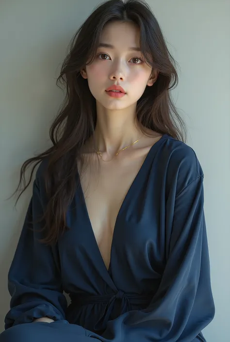 Create an image of a human Korean girl with brown hair and a dark blue outfit posing
