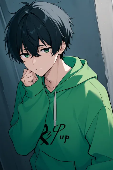 male　 green hoodie 　 black hair　 centered 　no blood 　male