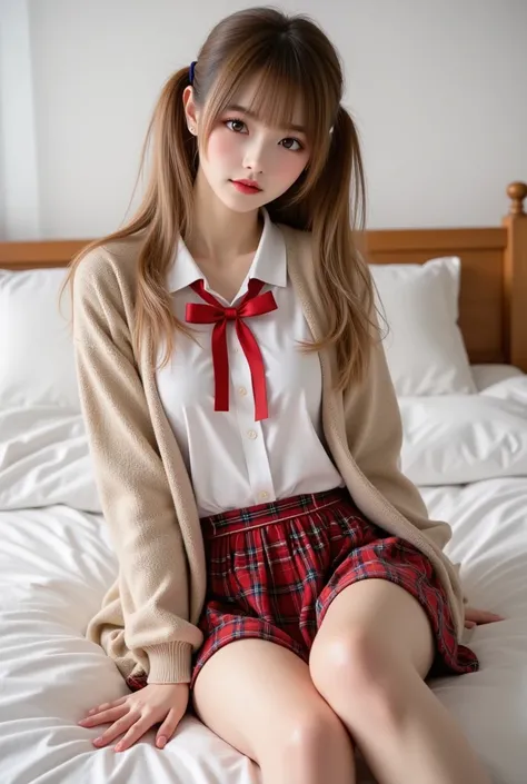 (((8k、 high resolution、 best quality、 high resolution)))Alone、Natural body shape、 white skin、 natural cosmetics、(( black hair shortcut ))、bangs、 straight long hair、、((  high school uniforms  )) 、(( beige cardigan、 White Collared Long Sleeve Blouse))、(( red...