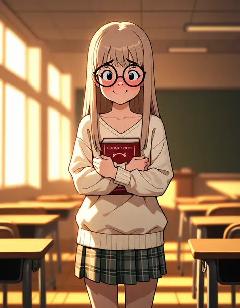 dcaustyle, 1, alone, Shy nerd , big glasses,  Light brown hair , straight hair,  shy expression ,  flushed cheeks , Sweater blouse, Plaid skirt, knee-high, Books in your hands, Closed posture ,  shy smile,  classroom environment , soft light,  soft lightin...