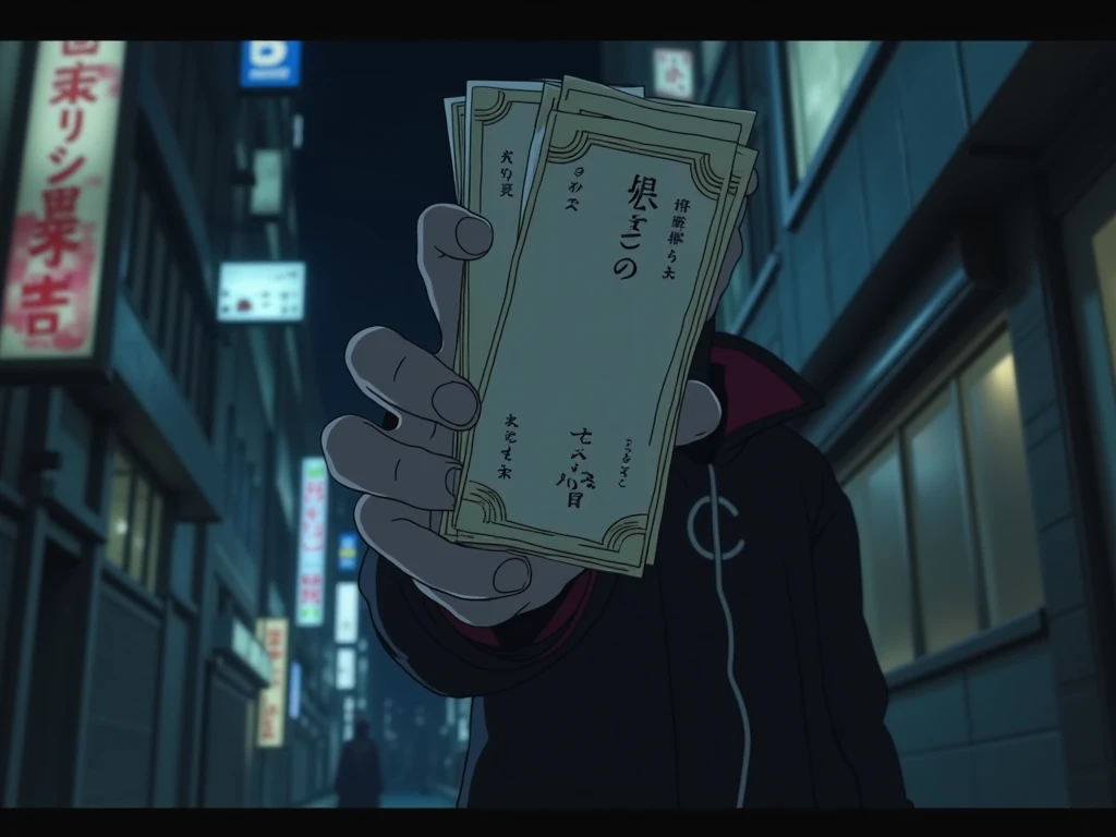 blank money notes being held out in front of camera by anime hand/arm, mid-closeup, motion. tokyo back streets at night in background. anime style, similar to naruto style anime