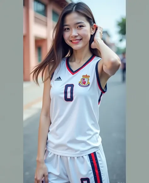  Best mobile phone wallpaper Award-winning wallpaper portrait photography Front view is portrait, whole photo ,  Southwest Asian girl with round face ,Age 25 years,  Football Sports Shirt Red , black,  White Bright Dark Blue Graphic Print, "Butaphuang 90s,...