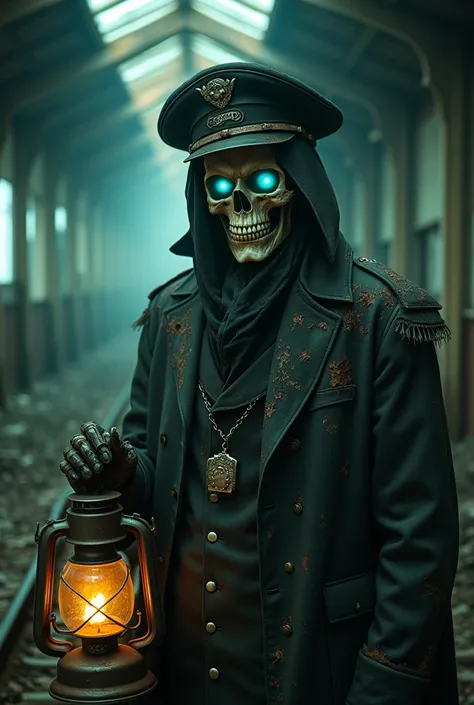 Hyper-realistic portrait of a ghostly train conductor, face skeletal with remnants of decaying flesh (2.0: ultra refined decay and bone detailing), hollow eyes glowing faint blue, wearing a tattered conductor’s uniform covered in soot and ghostly blood, ho...