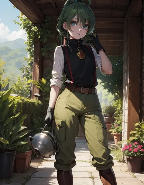 (masterpiece), best quality, expressive eyes, perfect face, updone green hair, pith helmet, white dress shirt, tan vest, black gardening gloves, tan pants, tall black rubber boots .