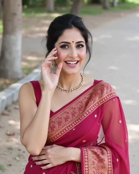 Indian lady in a red saree that clings to her form. The blouse is red color, sleeveless with thin straps. Saree is draped with an elegance , with a hint of cleavage. Her hands are feminine, nails are manicured dark red. Her expression is one of open seduct...