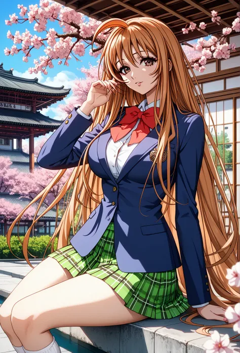 score_9, score_8_up, score_7_up, 1girl, solo, beautiful waifu, thicc, tall, mature sexy woman, anime, anime source, (Aya Natsume, natsume aya, orange hair, long hair, brown eyes, ahoge:1.2), wearing (white school uniform, skirt, short skirt, plaid, green p...