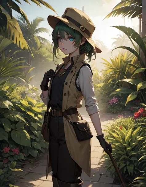 (masterpiece), best quality, expressive eyes, perfect face, updone green hair, pith helmet, white dress shirt, tan vest, black gardening gloves, tan pants, tall black rubber boots, female botanist, photorealistic, cinematic lighting, golden hour, lush trop...