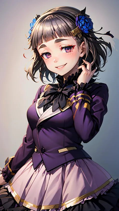 (((solo))), 1 woman, sakuyaunif, kurobane_sakuya, short hair, grey hair, brown eyes, black hairband, (blue hair flower), red eyeliner, purple blazer, long sleeves, black bowtie, black shirt, frills, upper body, blush, smile, beautiful chest, medium chest