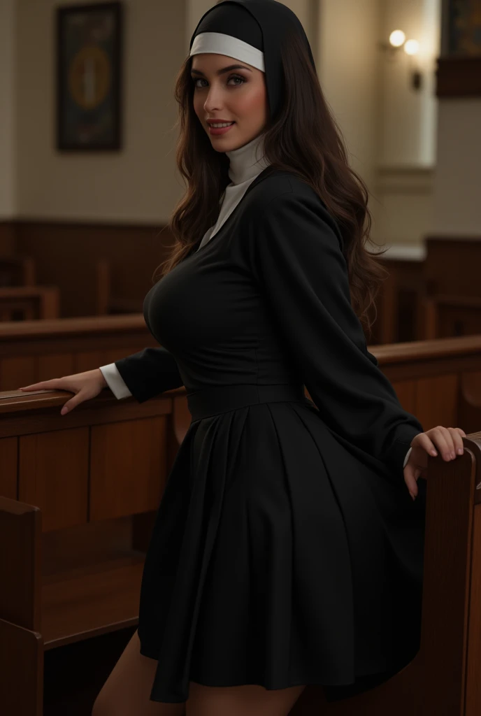 professional photographic 3/4 shot from behind of a beautiful nun bent over a pew in a church, she has slightly wavy and silky long dark brunette hair covered by an Apostolnik, large breasts, her head is turned to look back towards the the viewer with a na...