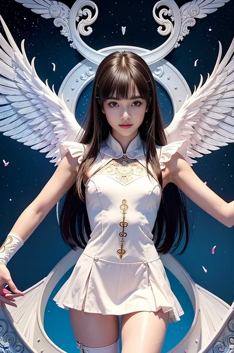 Cyborg, Girl, Beautiful girl, Cute, Sexy, Strong, Slender, Delicate, Smile, (Lolita costume), High legs, Metallic, ultra color, paisley, mandalas, Near future, Heaven, angel, feater, wing, Helix lamp, (The wings are symmetrically paired;1.5),
