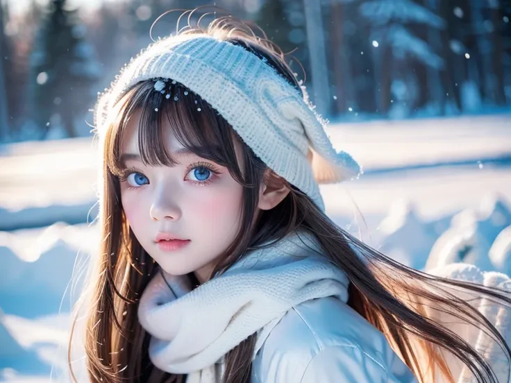 Solo, A very beautiful Scandinavian innocent girl、 The ultimate beauty 、 very beautiful shiny bright blond hair ,  beautiful super long straight silky hair that flutters in strong winds、 long bangs block view 、  very bright Renelle baby ice blue big eyes 、...